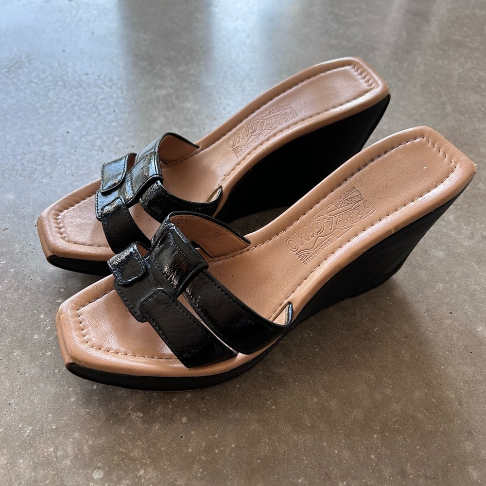 Salvatore Ferragamo Black Patent Leather Wedge Heels – Size 8 B